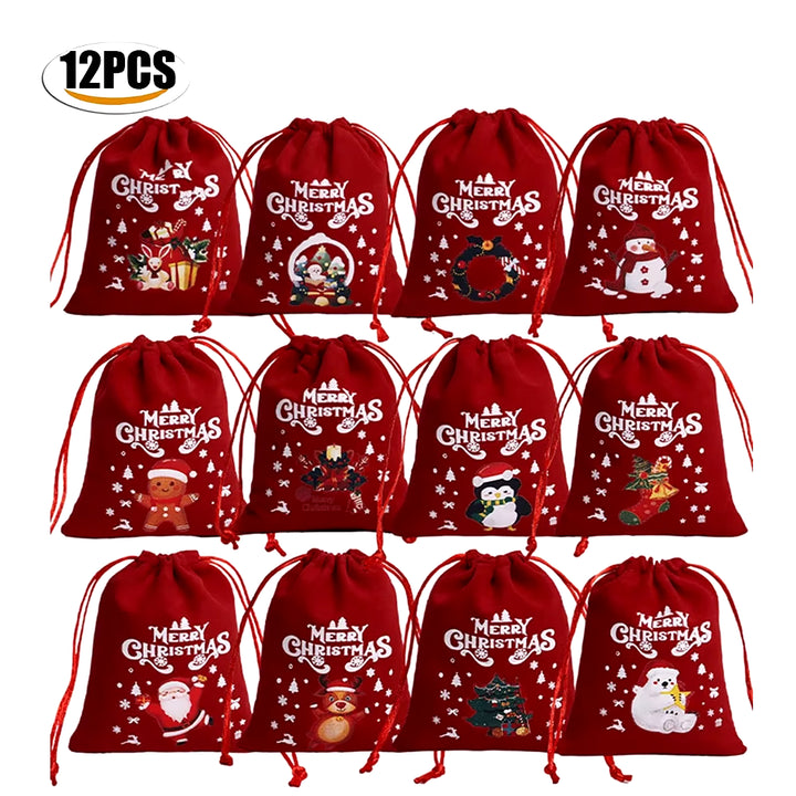 12Pc Christmas Velvet Bags Drawstring Pouch Candy Snack Gifts Bag for Xmas New Year Party Bracelet Jewelry Packaging Storage Bag