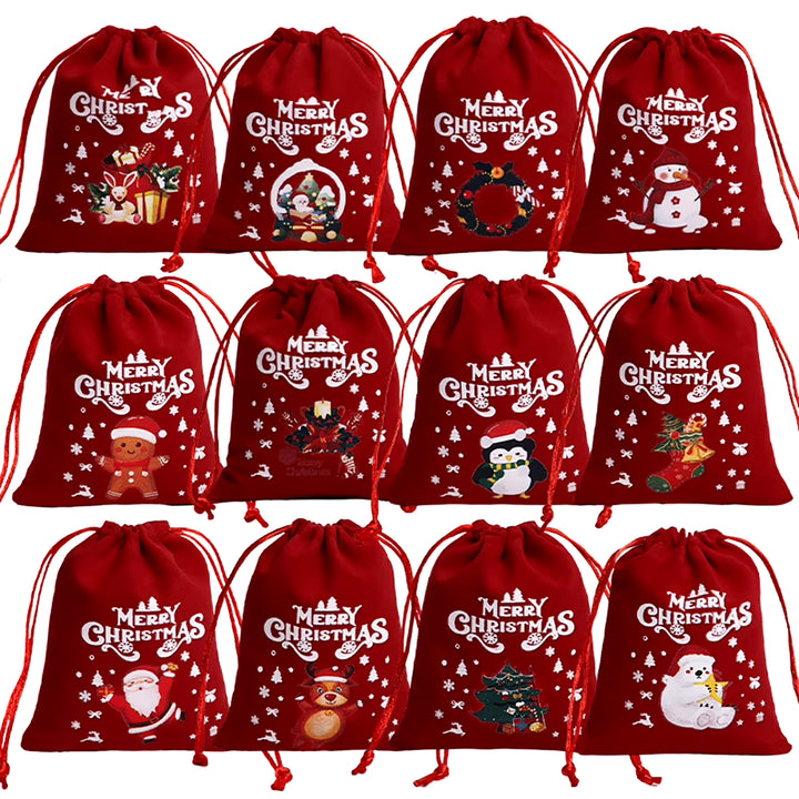 12Pc Christmas Velvet Bags Drawstring Pouch Candy Snack Gifts Bag for Xmas New Year Party Bracelet Jewelry Packaging Storage Bag