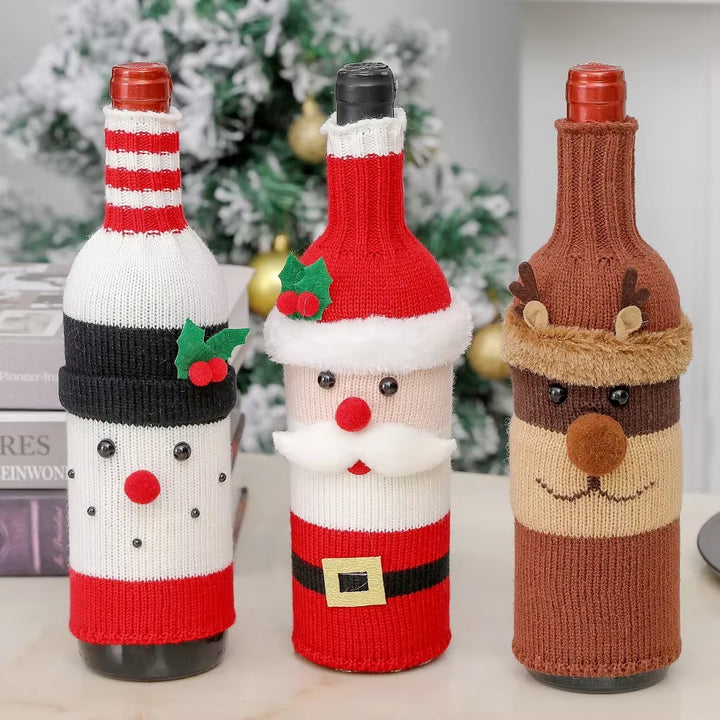 Christmas Santa Knitted Wine Bottle Case Elk Snowman Red Wine Champagne Bottle Cloth 2024 Merry Christmas Decor Happy New Year