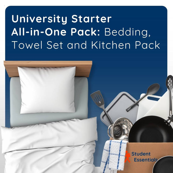 University Starter All-in-One Pack: Bedding, Towel Set and Kitchen Pack - Student Essentials