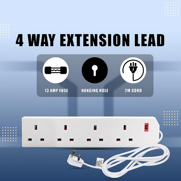 Heavy Duty Extension Lead UK Pin Plug and Cable, 4 Gang Way 2M Power Adapter, Multi Socket Mains Strip (White, 1 Pack), Packaging May Vary