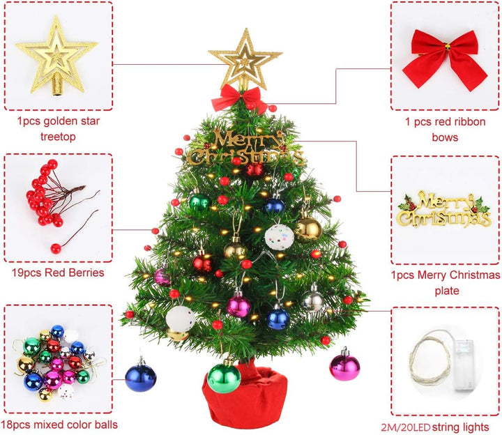 Mini Artificial Christmas Tree 50Cm Tabletop Small Christmas Tree Lighted Battery Operated, Pre-Lit Christmas Tree Desktop Ornaments for Xmas, Home, Kitchen Decor