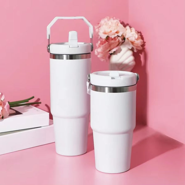 1Pc Vacuum Tumbler with Lid Stainless Steel Portable Water Bottle with Dazzling Handle Insulated Tumbler Tote Handle 20/30OZ