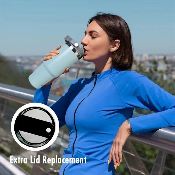 1Pc Vacuum Tumbler with Lid Stainless Steel Portable Water Bottle with Dazzling Handle Insulated Tumbler Tote Handle 20/30OZ