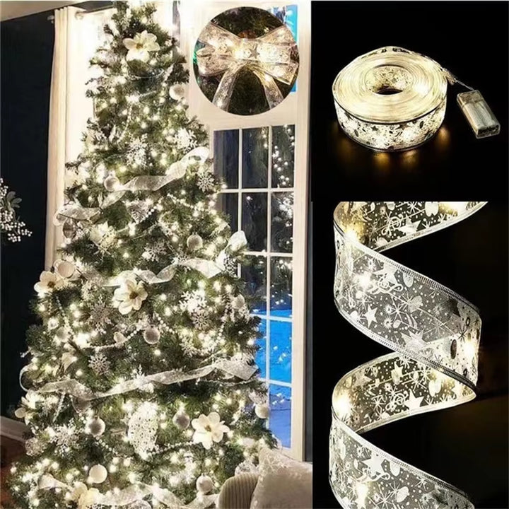 Christmas Decoration LED Ribbon Fairy Lights Christmas Tree Ornaments for Home 2024 DIY Bows Light String Navidad New Year 2025